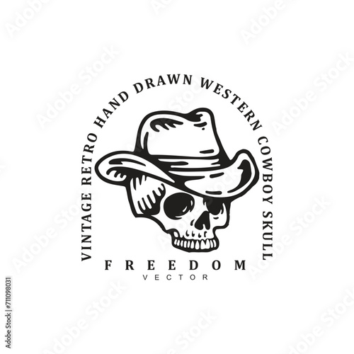 Vintage retro hand drawn cowboy skull with cowboy hat logo design badge