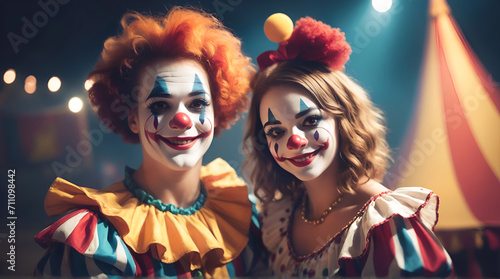 A man and a woman dressed as clowns in a circus