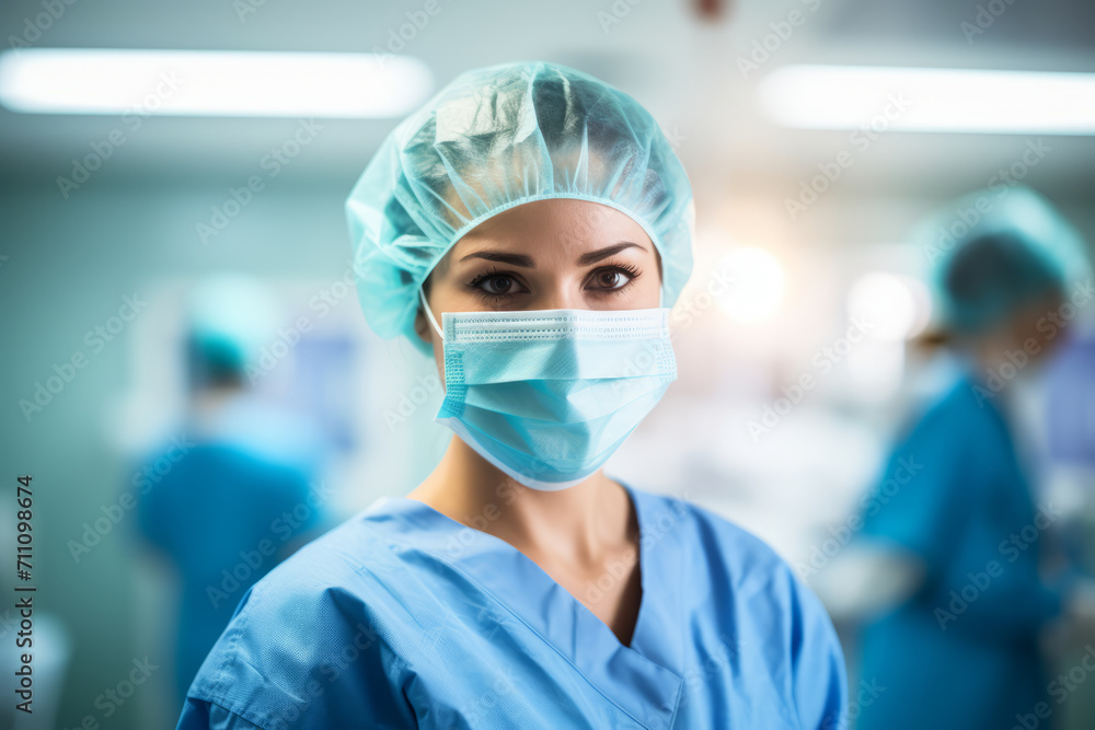 A Portrait of a Determined Female Orthopedic Surgeon, Dressed in Scrubs, Standing in a Brightly