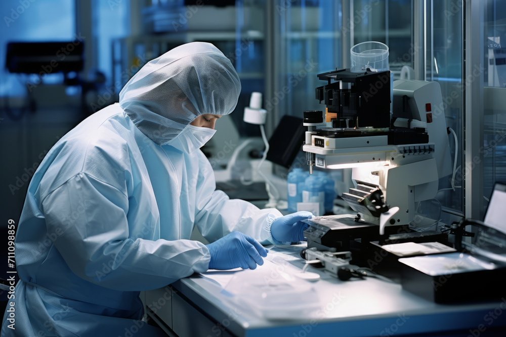 Naklejka premium A dedicated forensic scientist meticulously examining evidence in a state-of-the-art laboratory, surrounded by high-tech equipment and detailed case files