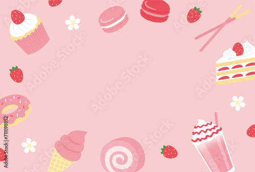 vector background with a set of strawberry cakes and desserts for banners, cards, flyers, social media wallpapers, etc.