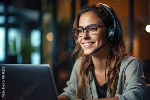 Smiling woman wearing headset and glasses uses laptop photo