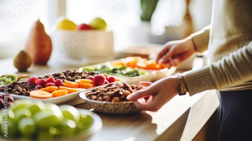 Detailed shot of a womans hand reaching for a healthy snack suggested by her online nutrition counselor.