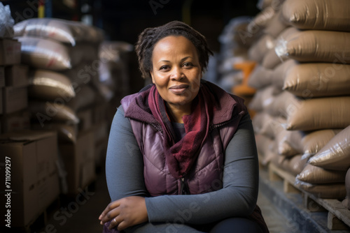 A Portrait of a Determined Female Rations Coordinator, Strategically Planning the Distribution of Food Supplies in a Makeshift Warehouse Amidst a Humanitarian Crisis photo