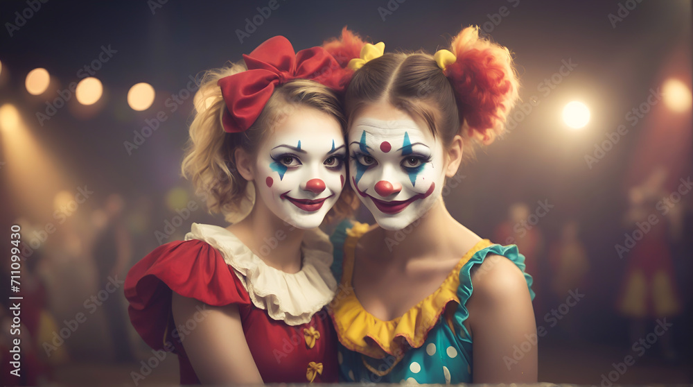 Fototapeta premium Portrait of two female clowns in a circus