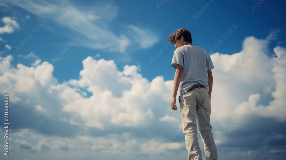 Young man standing on a rooftop and looking at the sky Young man standing on a rooftop and looking at the sky