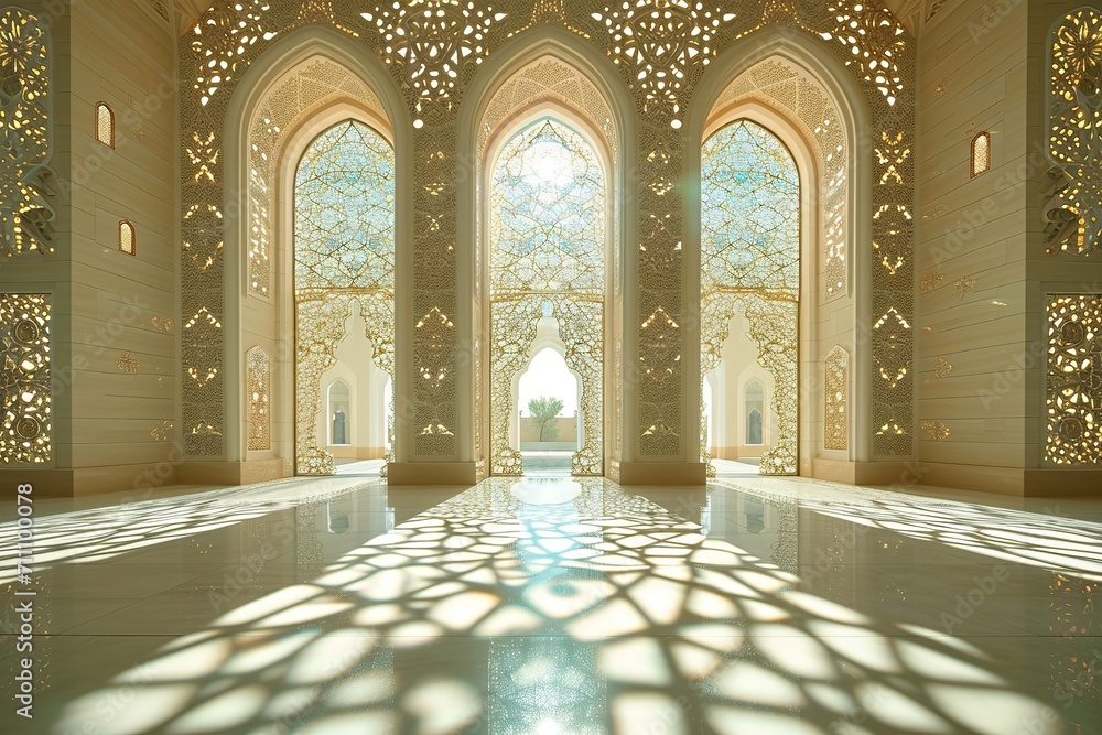 Luminous Islamic Chamber: Adorned with Intricate Patterns, Bathed in Radiant Sunlight
