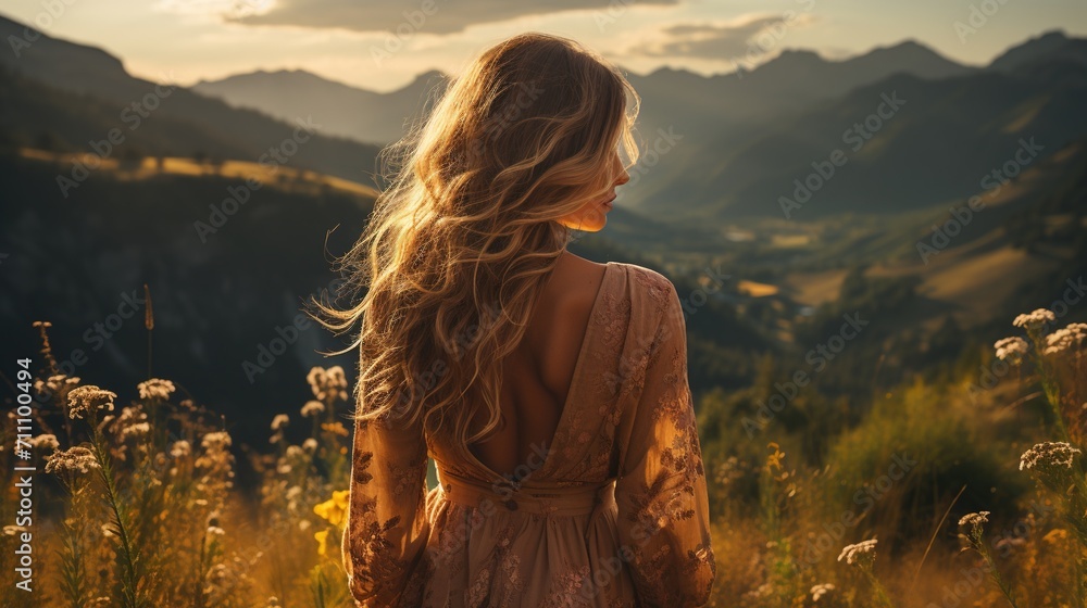 Young woman standing in a field of flowers looking at the sunset - obrazy, fototapety, plakaty 