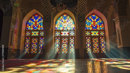 Ethereal Illumination: Islamic Interior Glowing in Soft Light Through Ornate Stained Glass