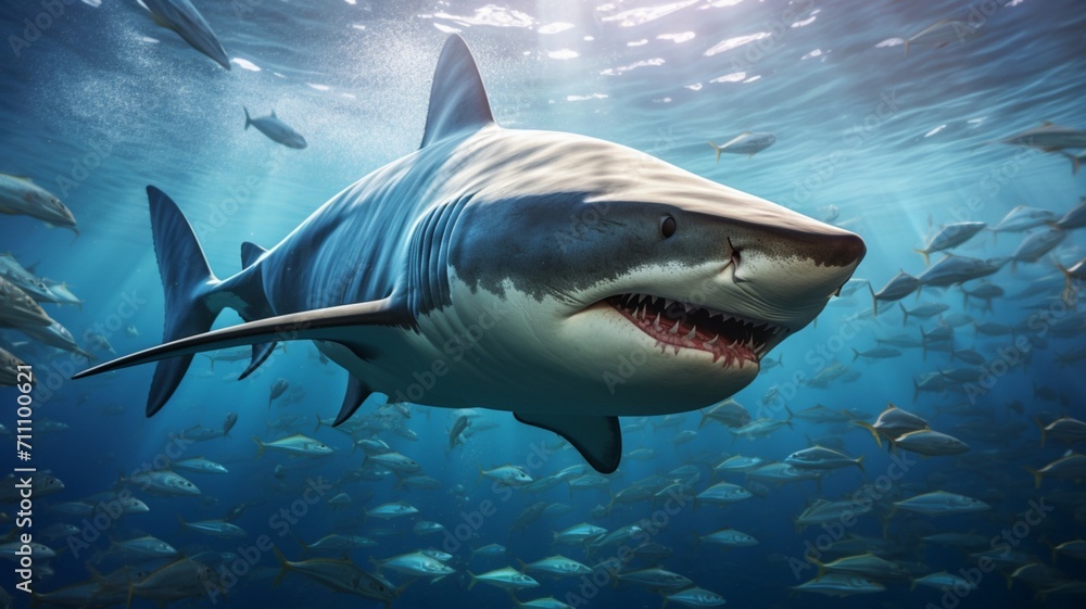 Majestic Great White Shark Swimming in Crystal Clear Ocean Waters with Sunlight Piercing Through the Depths - AI-Generative Majestic Great White Shark Swimming in Crystal Clear Ocean Waters with Sunlight Piercing Through the Depths - AI-Generative