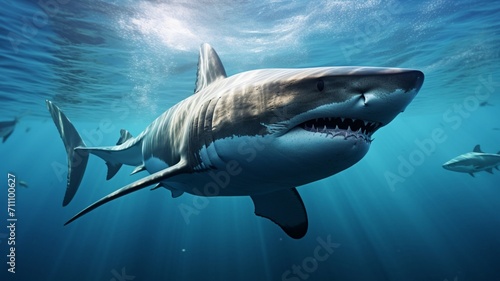 Majestic Great White Shark Swimming in Crystal Clear Ocean Waters with Sunlight Piercing Through the Depths - AI-Generative
