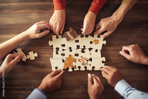 Diverse group of people putting puzzle pieces together photo