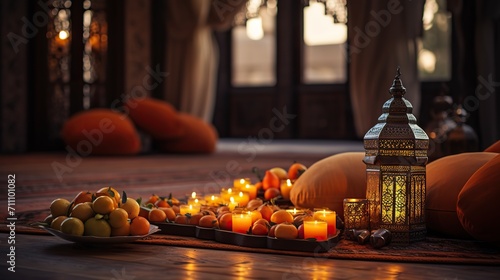 Eternal Radiance: Beautifully Adorned Islamic Interior with Date Fruit as the Centerpiece, Bathed in Soft Glow