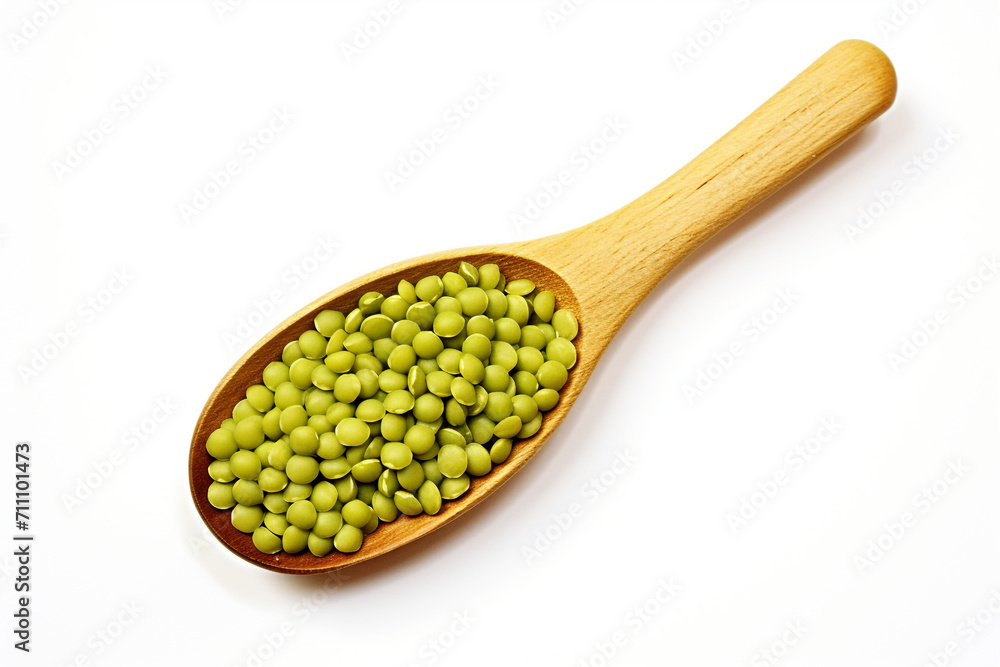 close up the green mung beans in wooden spoon on white background close up the green mung beans in wooden spoon on white background
