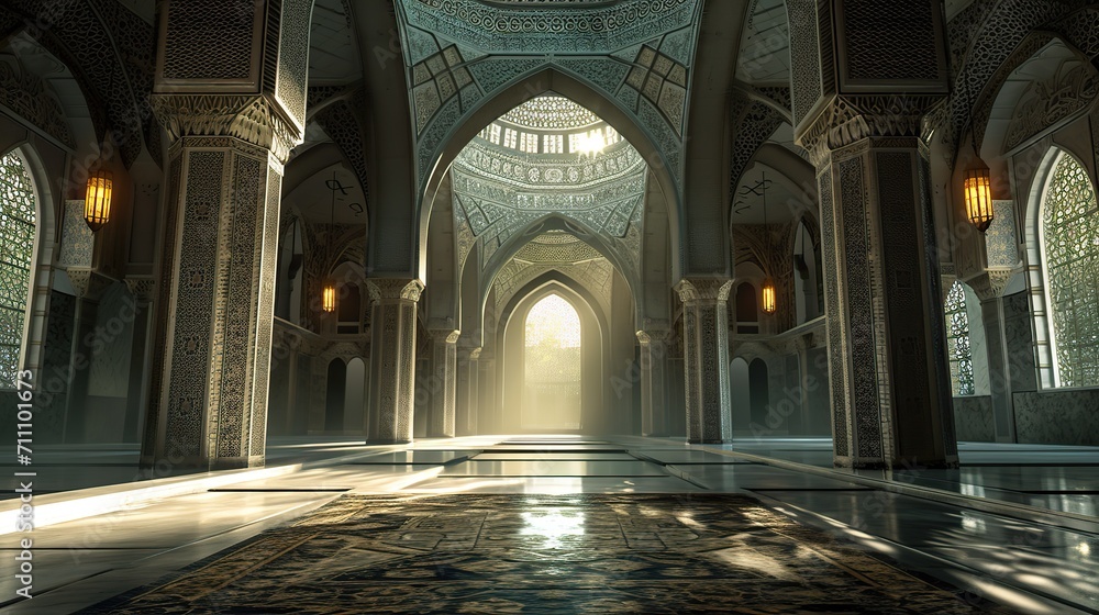 Enchanting Glow: Captivating Low-Light Islamic Interior Illuminated with Warm Ambiance