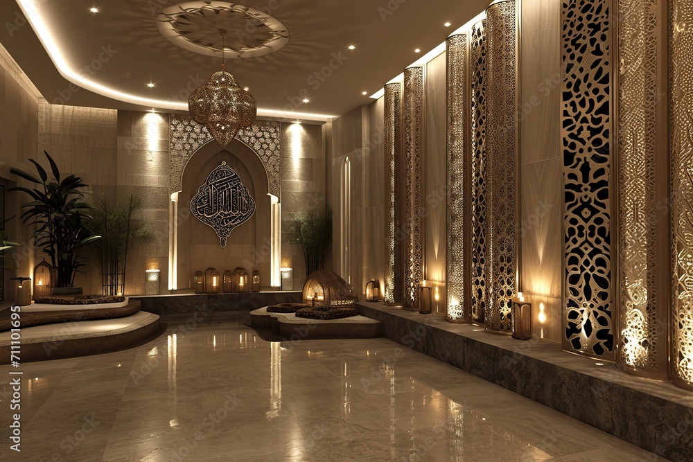 Fototapeta premium Glowing Elegance: Islamic Interior Bathed in Low-Light Ambiance, Highlighting Ornate Details and Calligraphy