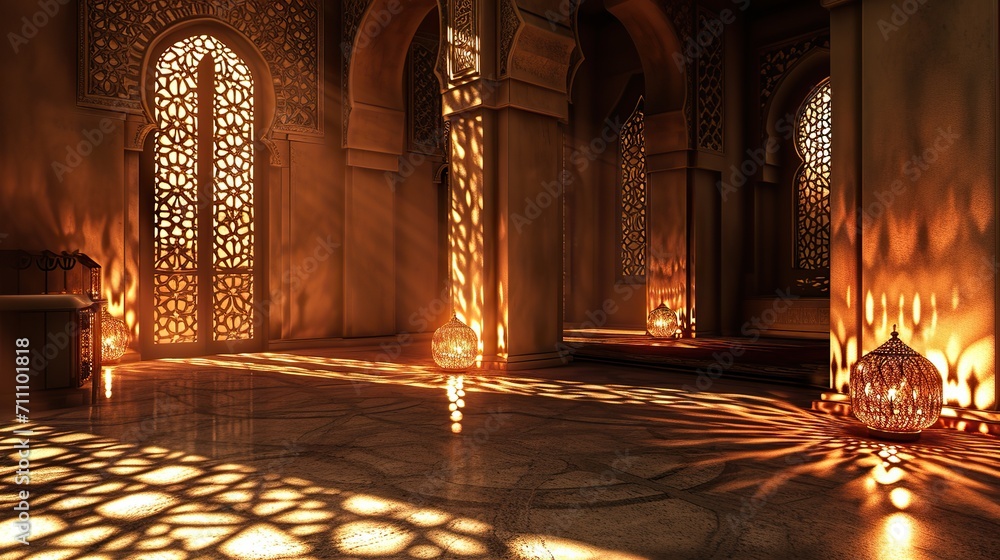 Subdued Splendor: Low-Light Islamic Interior with Soft Lighting, Showcasing Rich Design Elements