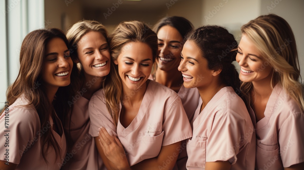 Happy female nurses in pink scrubs Happy female nurses in pink scrubs