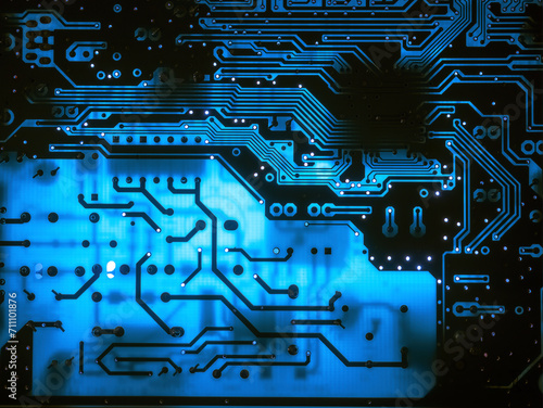 Computer circuit board blue chip design abstract background, macro closeup.