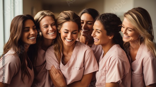 Happy female nurses in pink scrubs