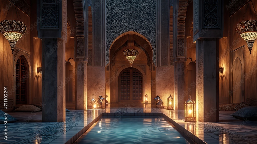Sublime Illumination: Low-Light Islamic Interior with Soft Lighting Unveiling Intricacies of Patterns and Architectural Elements Sublime Illumination: Low-Light Islamic Interior with Soft Lighting Unveiling Intricacies of Patterns and Architectural Elements