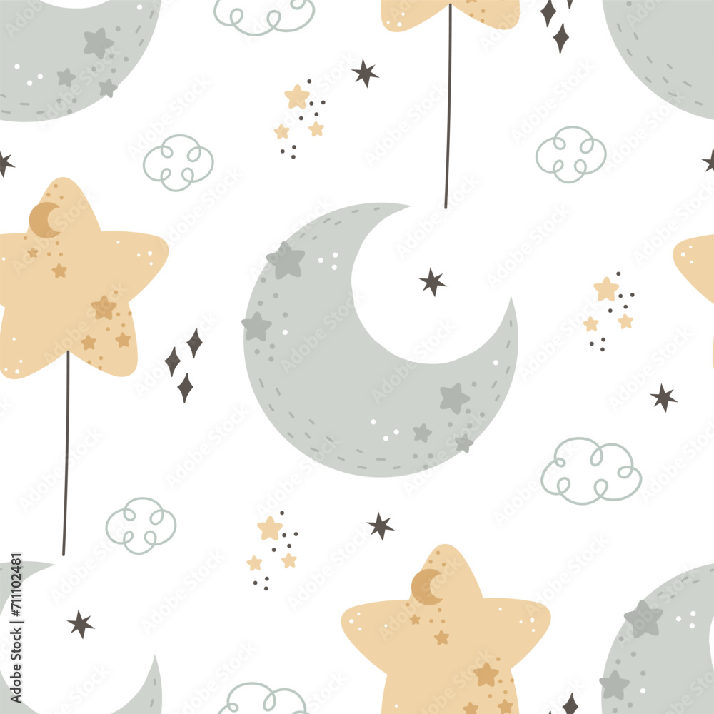 custom made wallpaper toronto digitalseamless pattern with cartoon balloon, moon, stars. Colorful vector flat style for kids. Space. hand drawing. baby design for fabric, print, wrapper, textile