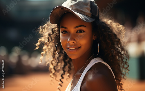 Beauty portrait of an African American woman with a tennis court in the background. Beautiful afro girl. Curly black hair. © Malchevska Studio