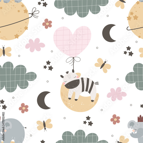 Seamless pattern with cute zebra, elephant, decor elements. simple flat vector. Hand drawing for children. animal theme. baby design for fabric, textile, wrapper, print.