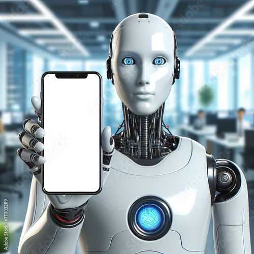 Robot Showing Phone Screen with Transparent Background. Blurry Office Background. Robot Holding Phone Template with Cut-Out Screen.