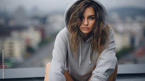 Young woman in grey hoodie looking at camera