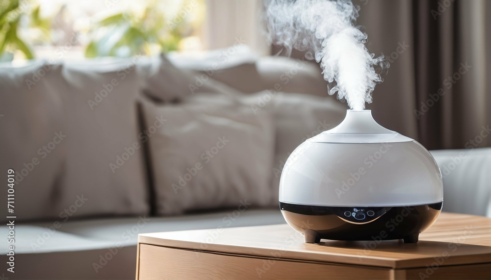 Commercial photo for catalog - white humidifier on table, blurred living room background, cozy home interior design, steam jet visible Commercial photo for catalog - white humidifier on table, blurred living room background, cozy home interior design, steam jet visible