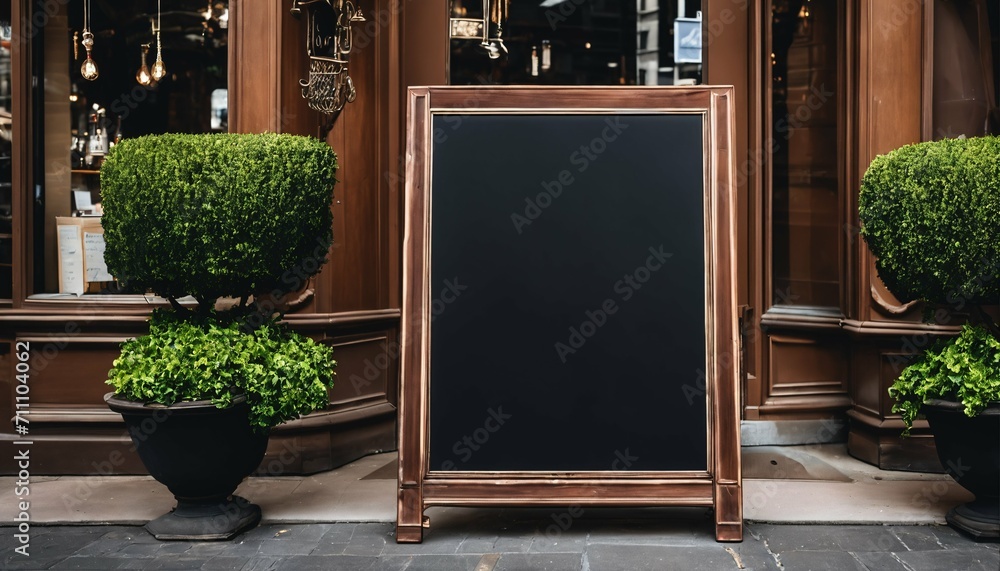 Menu displayed on an empty chalkboard with an empty sandwich board in front of a store