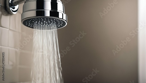 Close-up of water-saving shower head, clean water flow, droplets and splashes, bathroom fixtures concept