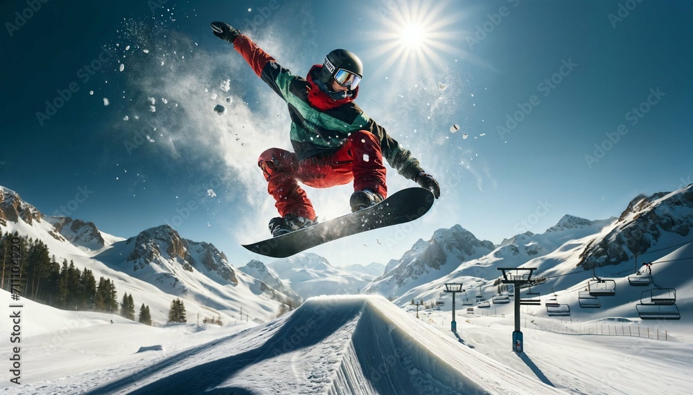 Snowboarder doing trick with jump - mountains in the background, action shot