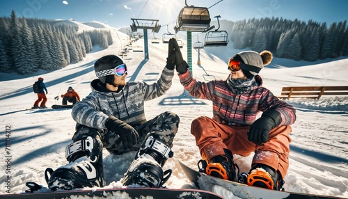 Snowboarders high-fiving on ski slope top under ski lift - sunny morning with beautiful mountain and forest scenery photo