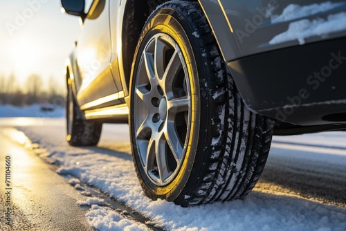 winter traction device for car wheel on icy roads during sunny weather. Generative AI
