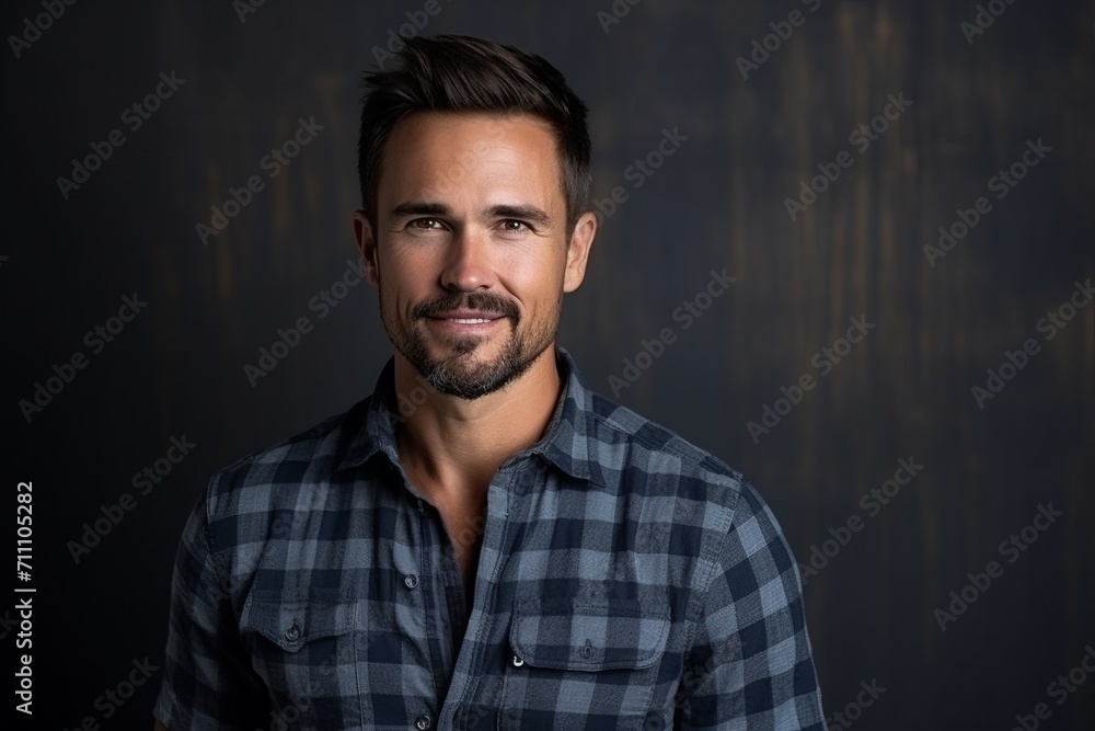Portrait of a handsome man in a plaid shirt against a dark background