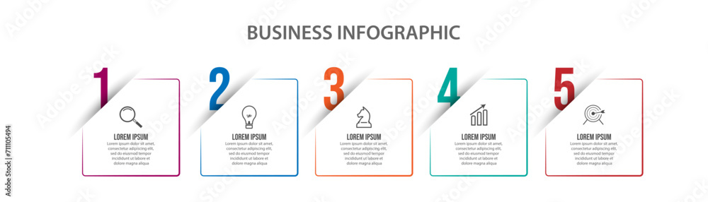 Simple business infographic with 5 parts or steps, containing icons, text, numbers. Can be used for presentation banners, workflow layouts, flow charts, infographics, your business presentations Simple business infographic with 5 parts or steps, containing icons, text, numbers. Can be used for presentation banners, workflow layouts, flow charts, infographics, your business presentations