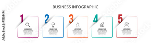 Simple business infographic with 5 parts or steps, containing icons, text, numbers. Can be used for presentation banners, workflow layouts, flow charts, infographics, your business presentations