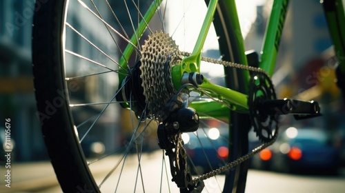 Closeup of a bicycle wheel, adorned with a vibrant green chain and gear, sitting locked to a bike rack on a crowded street corner. photo