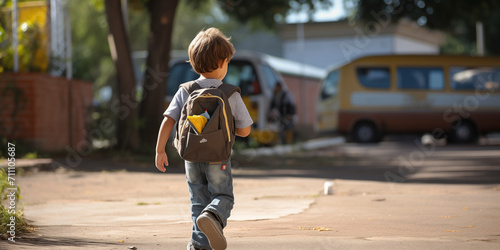 Child strolling away, carrying a backpack.