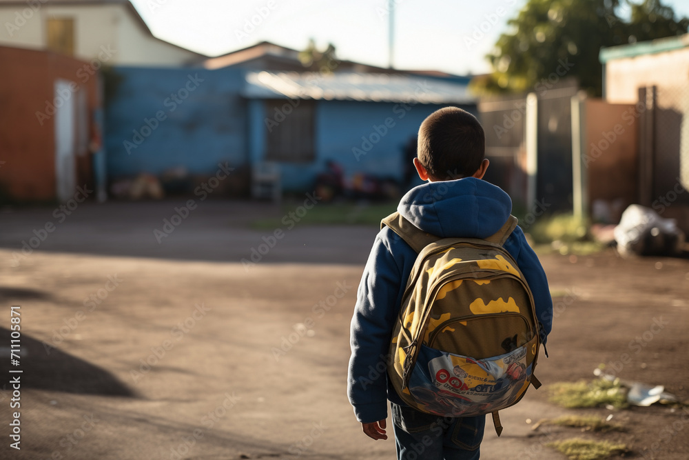 Kid strolling with a backpack seen from behind.