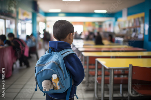 View from behind of a boy with a backpack walking.