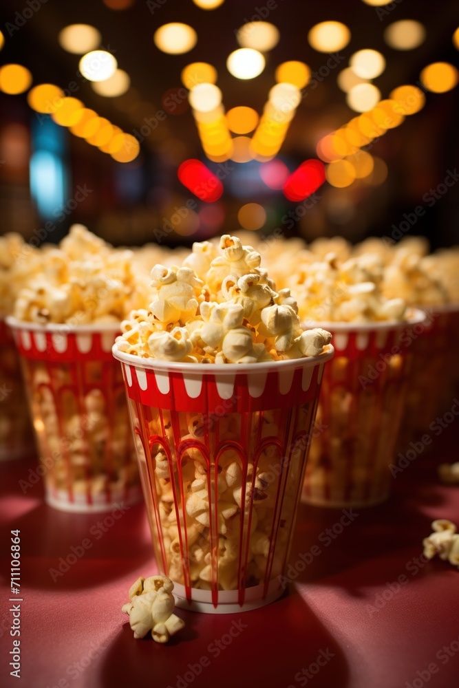 Red and white striped popcorn cup in focus with blurred background