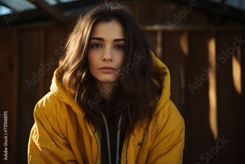 Portrait of a beautiful young woman in a yellow raincoat.
