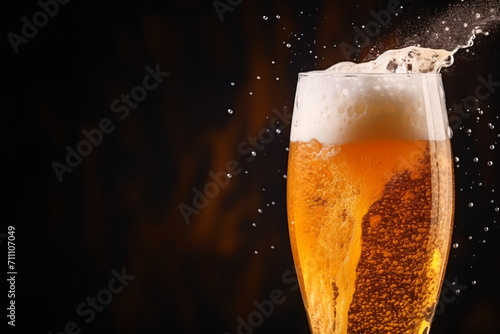 beer glass with foam and bubbles on a dark background photo