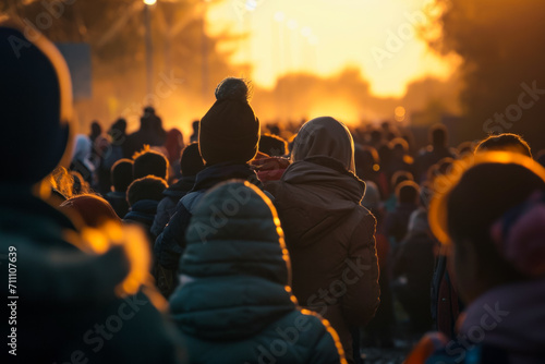 A crowd of refugees crosses the border. Background with selective focus and copy space photo