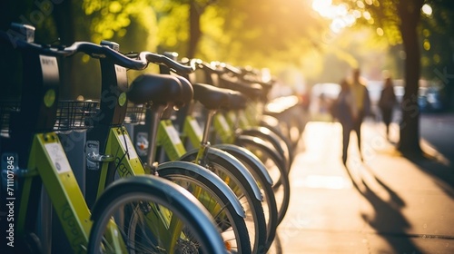 Closeup of a bikesharing station, offering an ecofriendly alternative to traditional modes of transportation in the city.