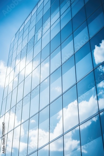 Blue glass skyscraper reflecting clouds