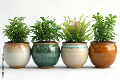 Four potted plants in color pots isolated on white background